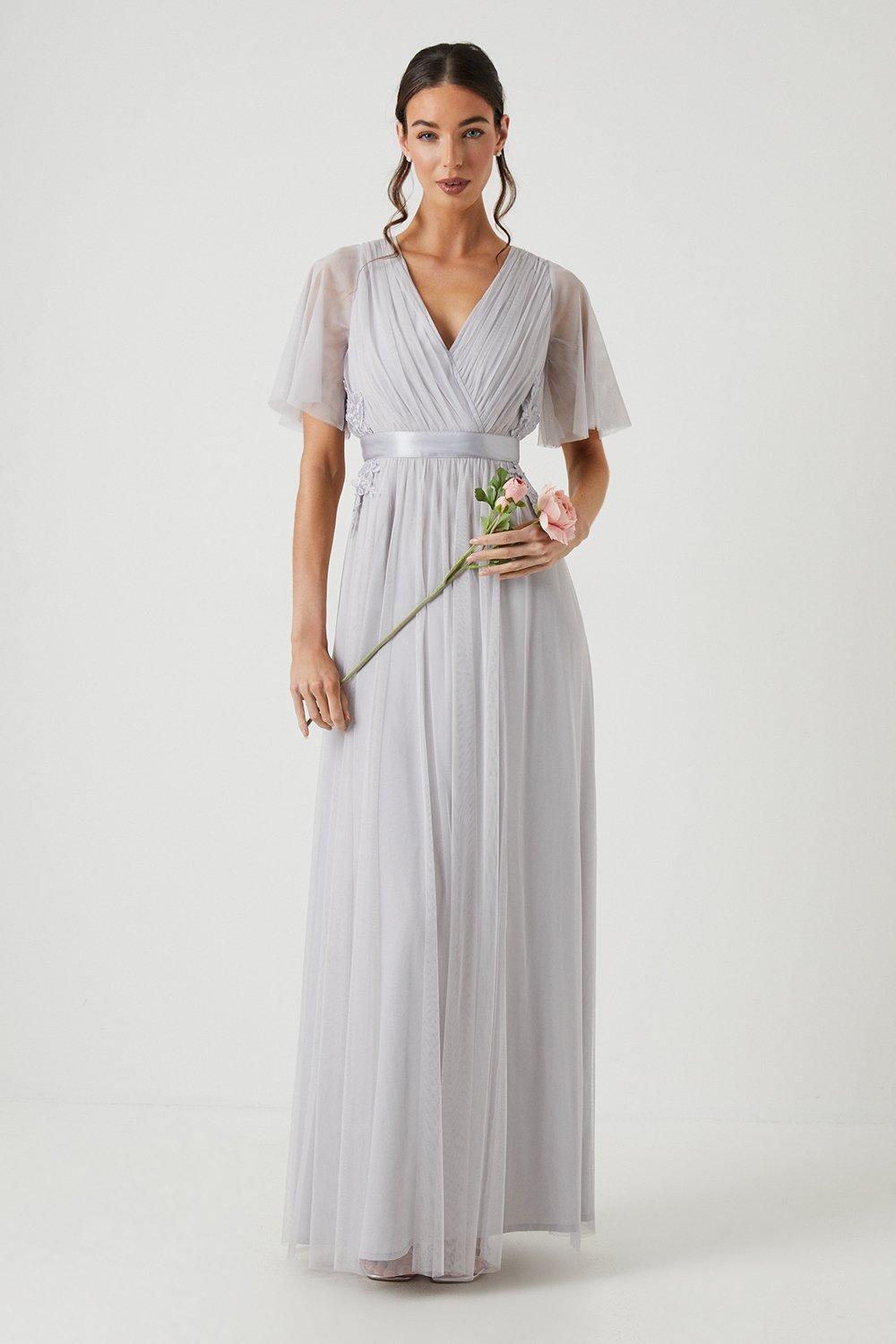 Angel Sleeve Lace Applique Bridesmaids Dress - Grey Mist